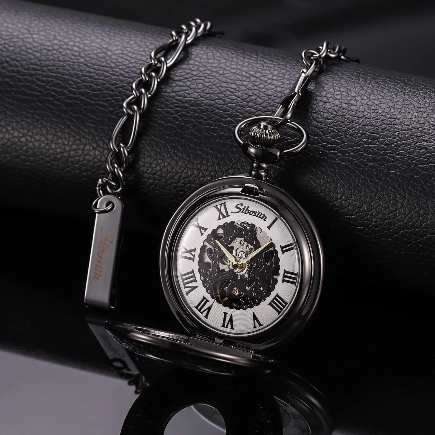 Skeleton Mechanical Double Case Hand-Wind Roman Numerals Antique Chain tunnel Mens SIBOSUN Pocket Watch 