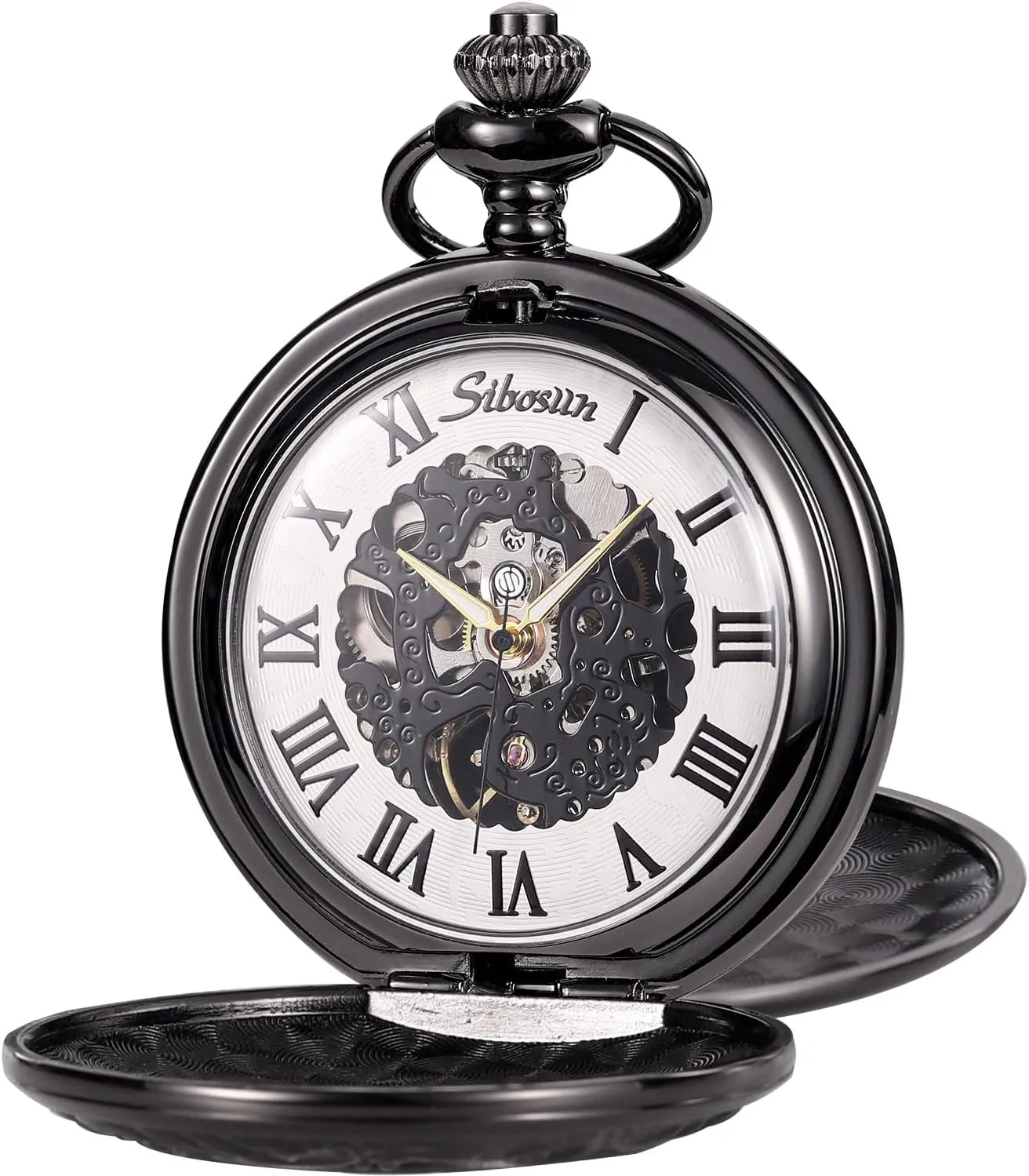 Skeleton Mechanical Double Case Hand-Wind Roman Numerals Antique Chain tunnel Mens SIBOSUN Pocket Watch 