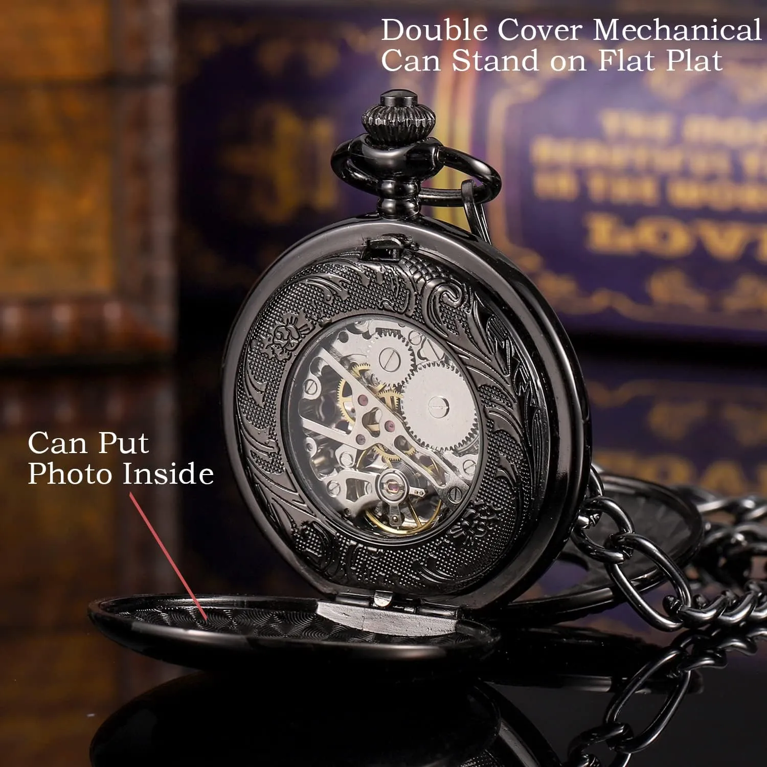 Skeleton Mechanical Double Case Hand-Wind Roman Numerals Antique Chain tunnel Mens SIBOSUN Pocket Watch 