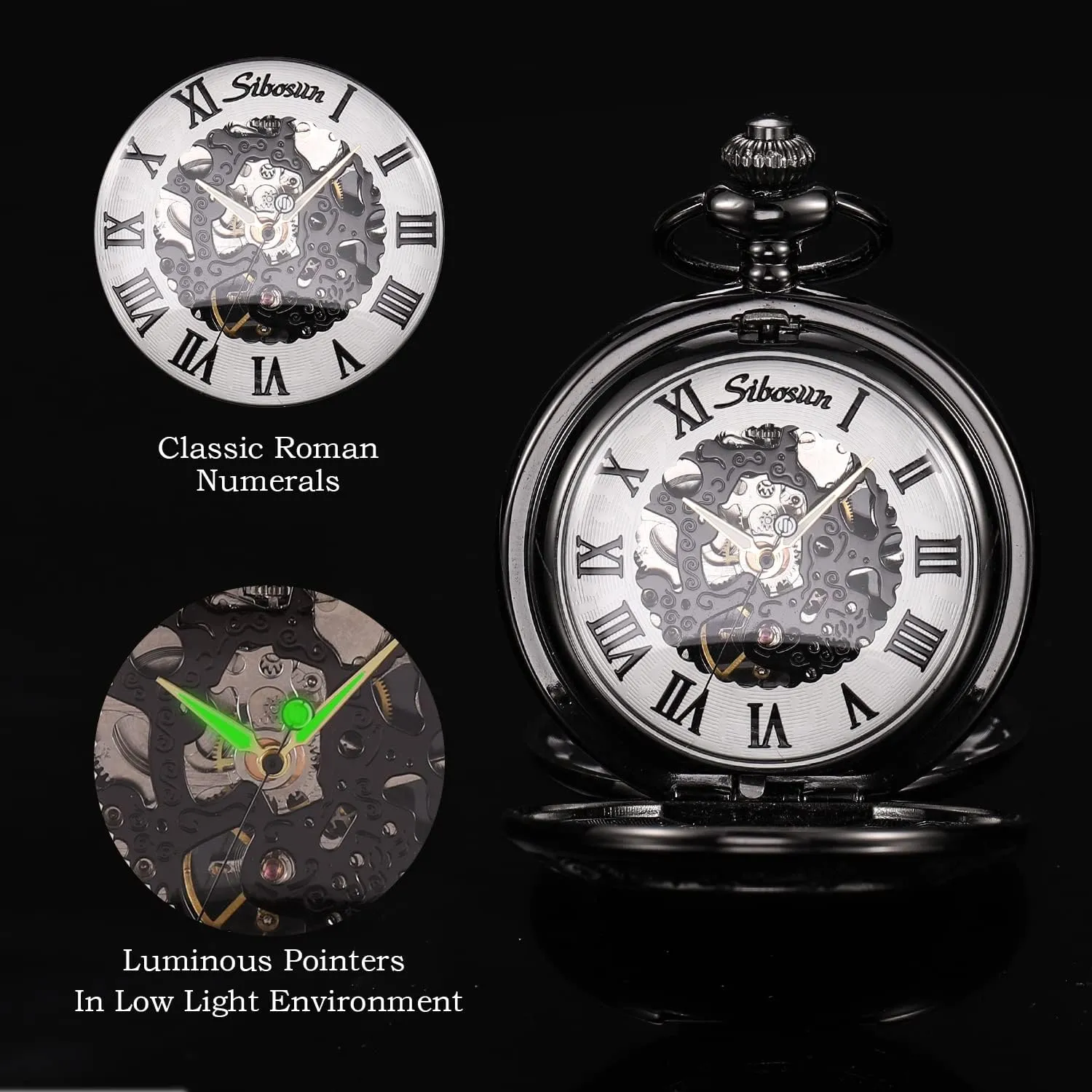 Skeleton Mechanical Double Case Hand-Wind Roman Numerals Antique Chain tunnel Mens SIBOSUN Pocket Watch 