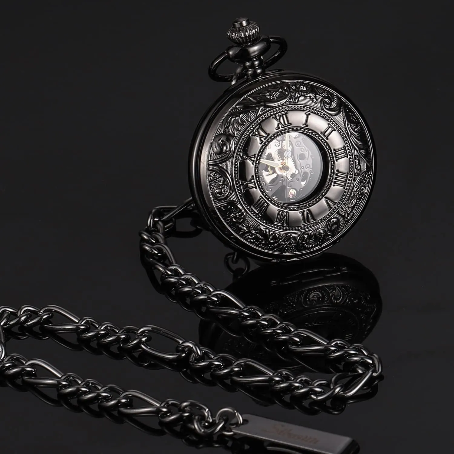 Skeleton Mechanical Double Case Hand-Wind Roman Numerals Antique Chain tunnel Mens SIBOSUN Pocket Watch 