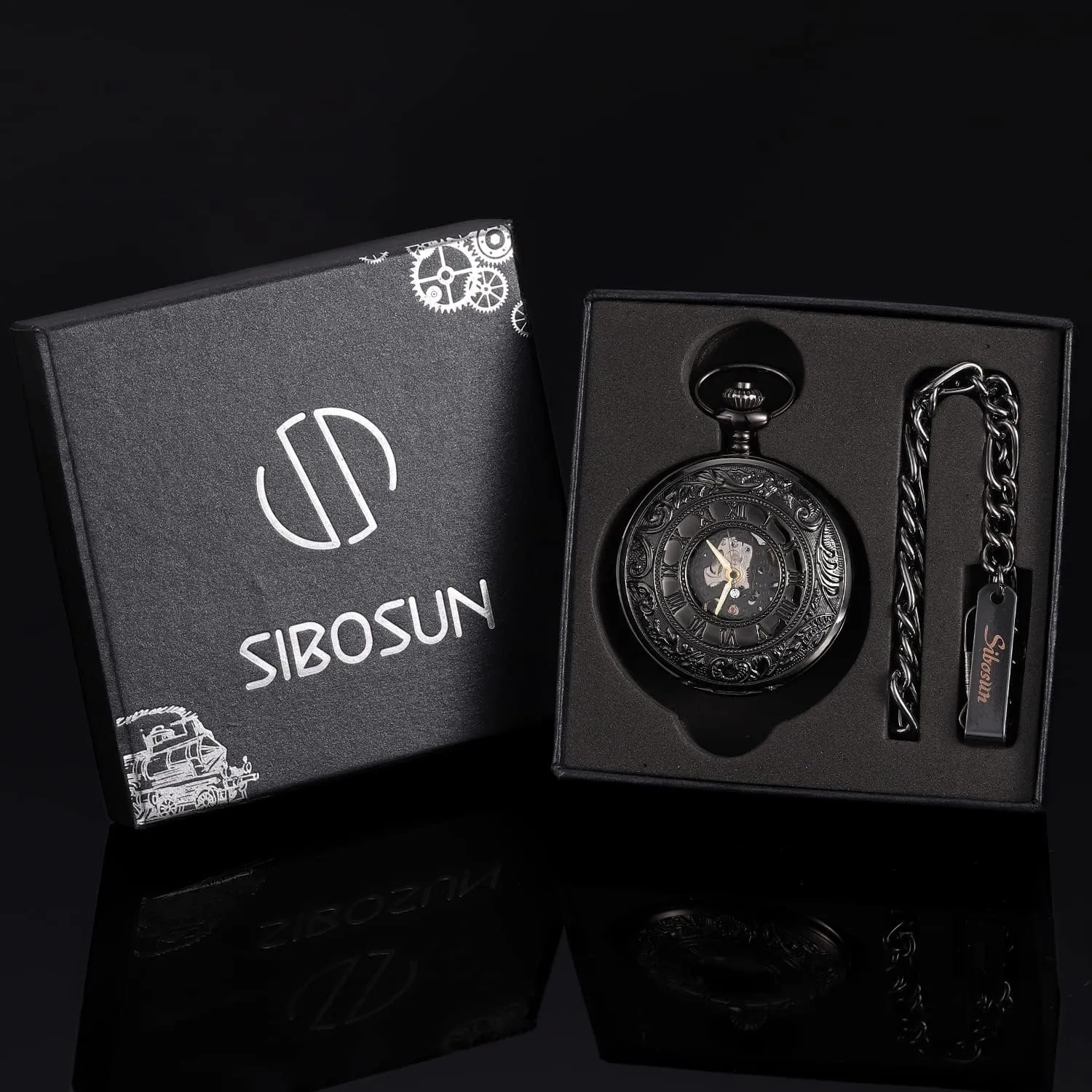 Skeleton Mechanical Double Case Hand-Wind Roman Numerals Antique Chain tunnel Mens SIBOSUN Pocket Watch 
