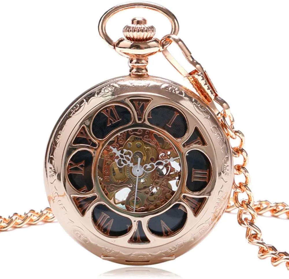 Skeleton Mechanical Fob Clock Men Women Luxury Gift Pocket Watch Vintage Rose Gold Pocket Watch Roman Numbers endure tine lull inherit Hollow 