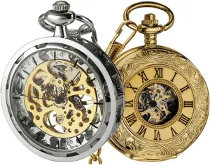 Skeleton Mechanical Watches Gold Roman Numeral VIGOROSO Mens Classic Steampunk puff foil gland Pocket Watch Silver Skeleton Hand Wind Mechanical Watches Mens Pocket Watch with Chain Half Hunter Double Cover 
