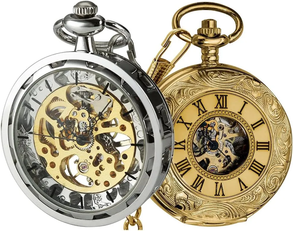 Skeleton Mechanical Watches Gold Roman Numeral VIGOROSO Mens Classic Steampunk puff foil gland Pocket Watch Silver Skeleton Hand Wind Mechanical Watches Mens Pocket Watch with Chain Half Hunter Double Cover 