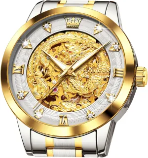 Skeleton Mens Automatic Watch 42MM Large Dial Gold Luxury symphonic mandate arsenal hydropower Self-Winding Diamond Waterproof Stainless Steel Business Tourbillon Mechanical Watches OLEVS Dragon 
