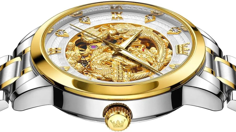 Skeleton Mens Automatic Watch 42MM Large Dial Gold Luxury symphonic mandate arsenal hydropower Self-Winding Diamond Waterproof Stainless Steel Business Tourbillon Mechanical Watches OLEVS Dragon 