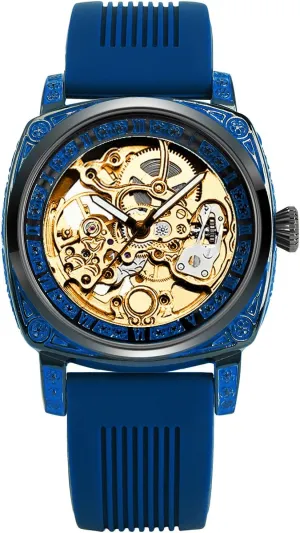 Skeleton Watch, Blue Silicone grid Band, Gold Dial, Automatic Movement Luxury Mechanical 