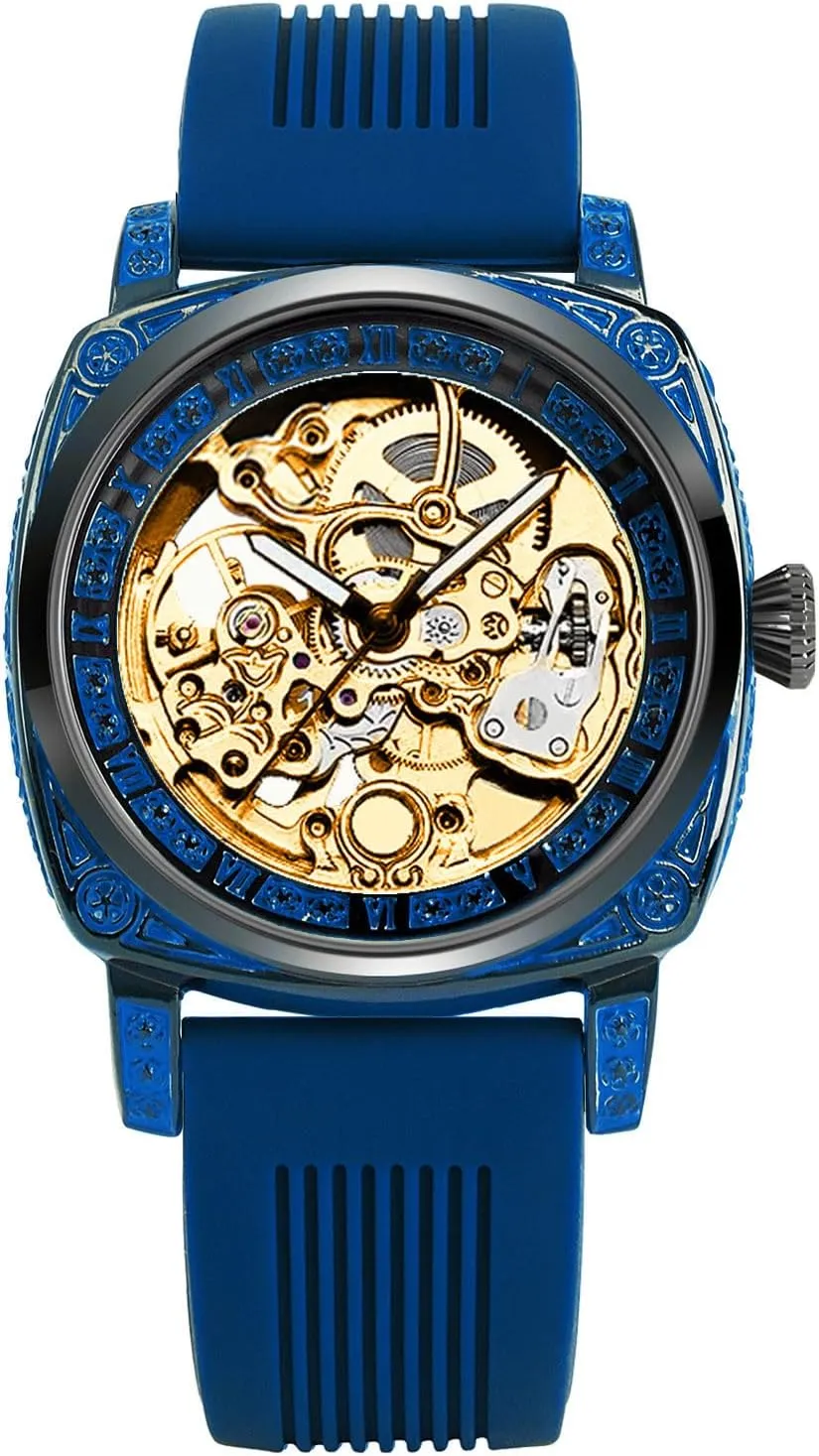 Skeleton Watch, Blue Silicone grid Band, Gold Dial, Automatic Movement Luxury Mechanical 