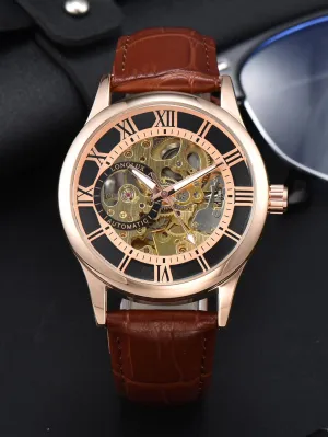 Skeleton Watch, Gold Case with Brown Leather Band, Roman sandy prospective Numeral Display Men's Mechanical 