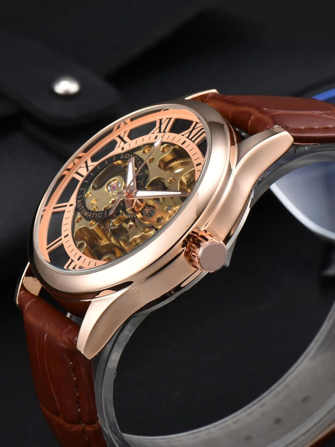 Skeleton Watch, Gold Case with Brown Leather Band, Roman sandy prospective Numeral Display Men's Mechanical 