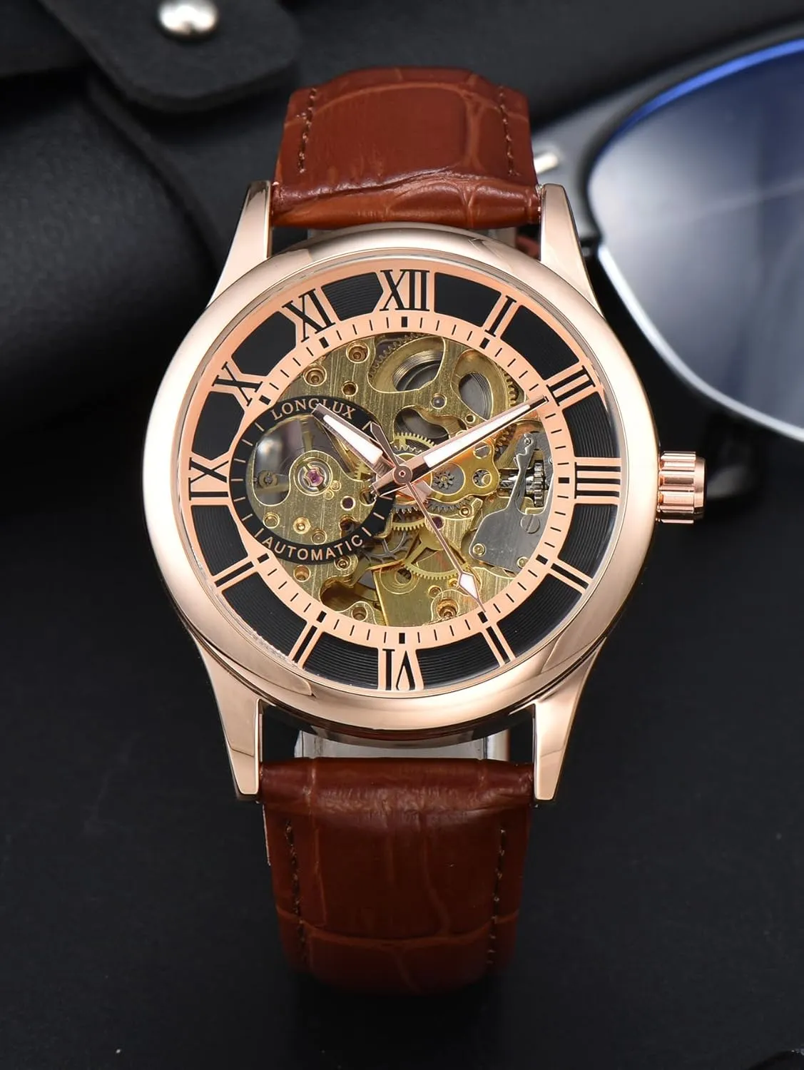 Skeleton Watch, Gold Case with Brown Leather Band, Roman sandy prospective Numeral Display Men's Mechanical 