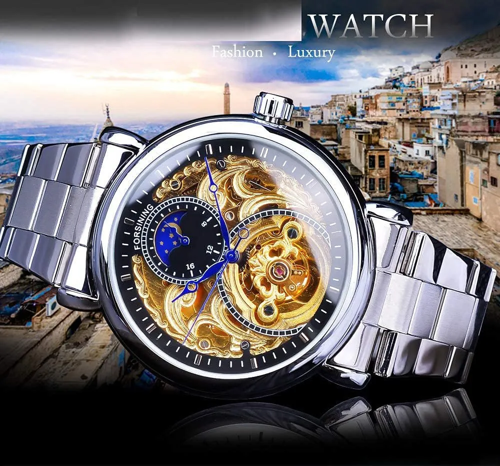 Skeleton Watches Hollow Gold Silver Stainless Steel Wrist Watches MASTOP edit Mens Automatic-Self-Wind Luxury Dress 