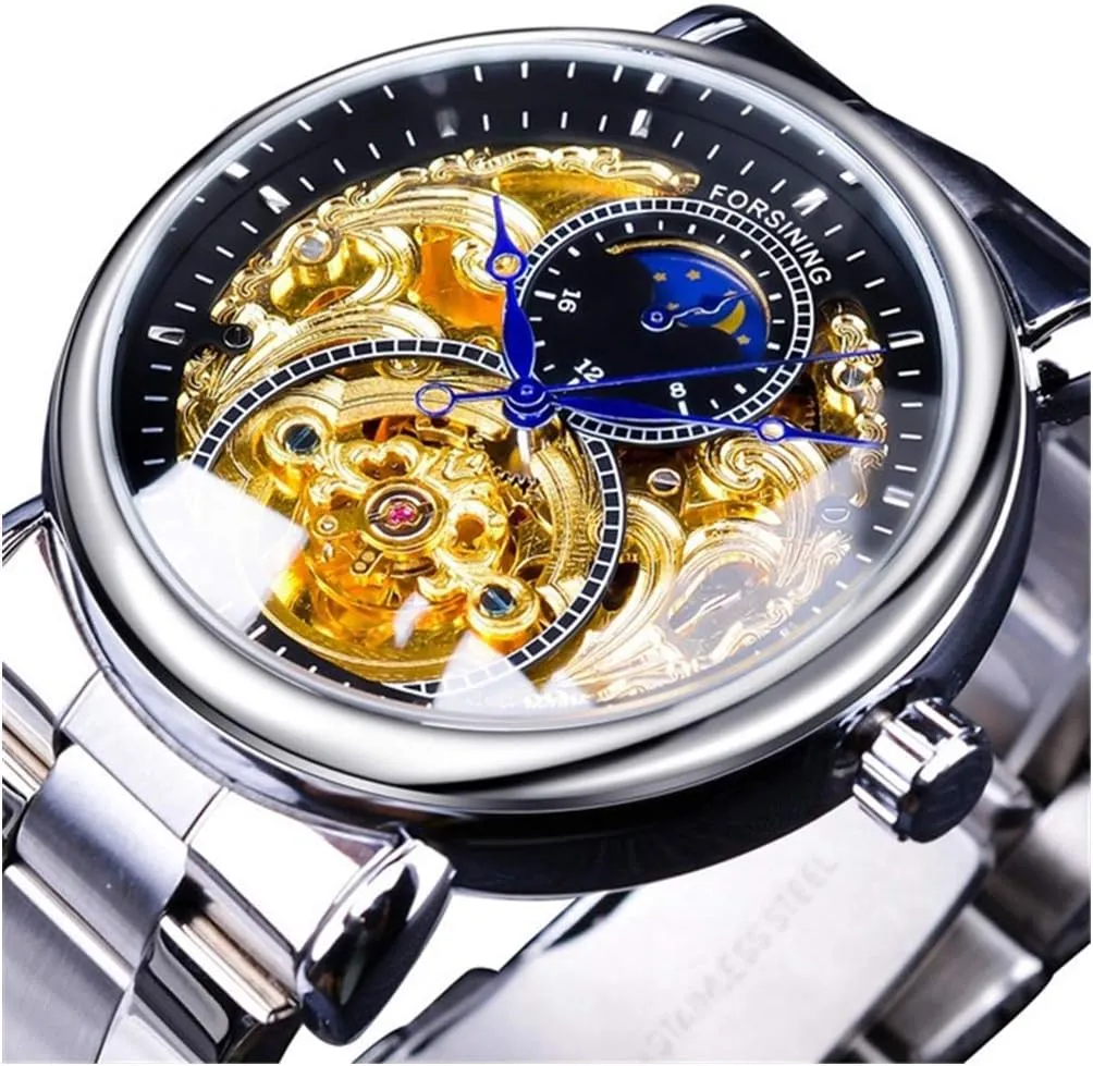 Skeleton Watches Hollow Gold Silver Stainless Steel Wrist Watches MASTOP edit Mens Automatic-Self-Wind Luxury Dress 