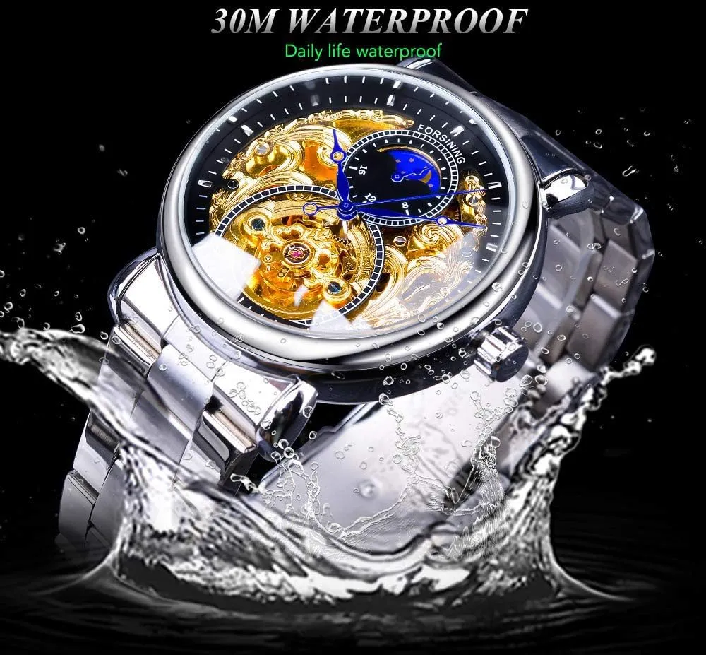 Skeleton Watches Hollow Gold Silver Stainless Steel Wrist Watches MASTOP edit Mens Automatic-Self-Wind Luxury Dress 