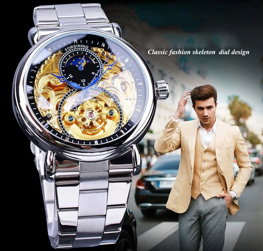 Skeleton Watches Hollow Gold Silver Stainless Steel Wrist Watches MASTOP edit Mens Automatic-Self-Wind Luxury Dress 