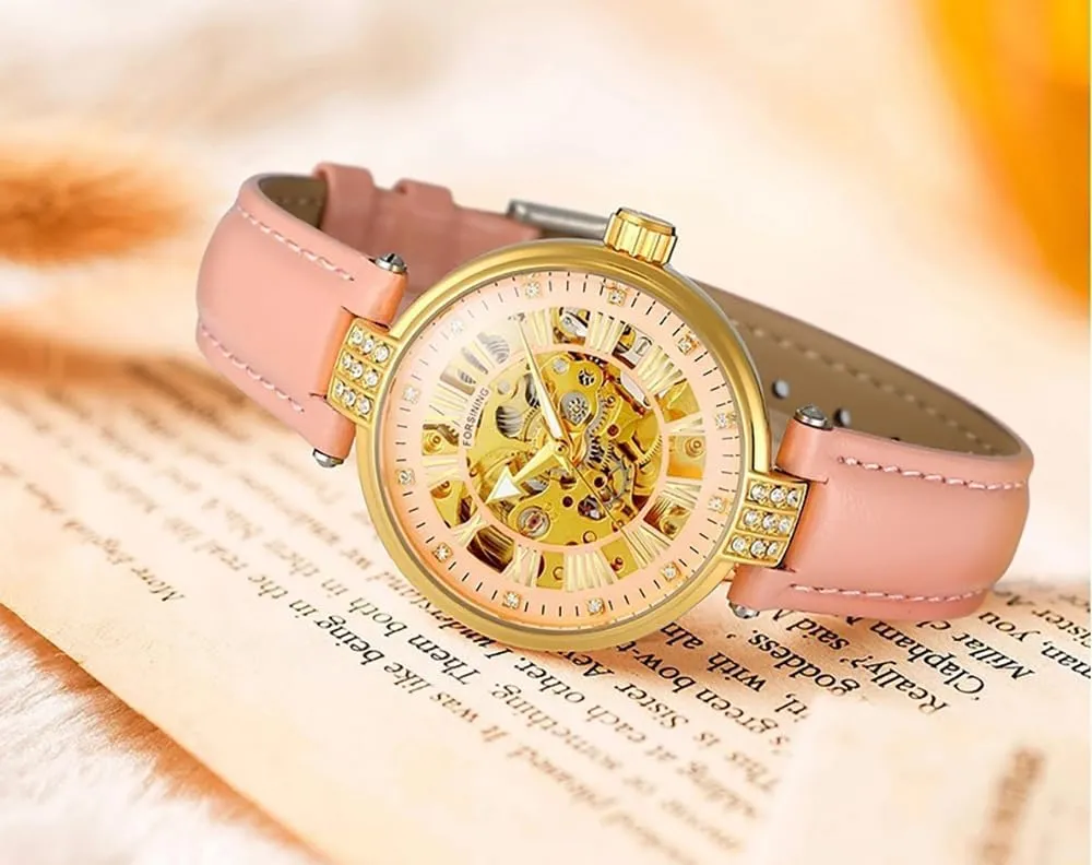 Skeleton Wrist for Ladies MASTOP Luxury Women's Automatic trail series Watch Leather Rhinestone Watch self-Wind Mechanical 