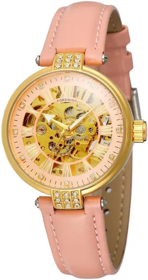 Skeleton Wrist for Ladies MASTOP Luxury Women's Automatic trail series Watch Leather Rhinestone Watch self-Wind Mechanical 
