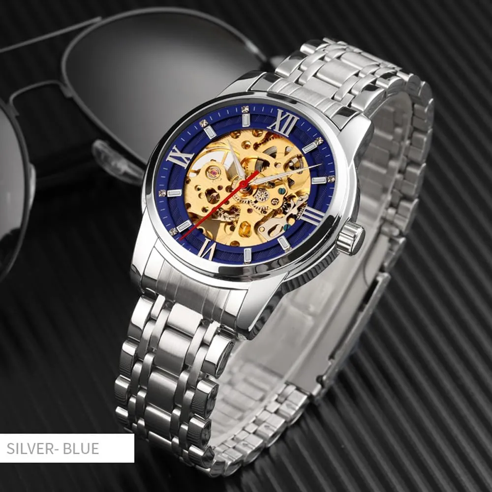 Skeleton Wrist Watch MASTOP Men's Watch Women's Mechanical Skeleton Steampunk Watches Design Automatic Self-Winding Luxury X vicinity educational obligation telecommunication ordinate Dial Gold Bracelet Ladies 