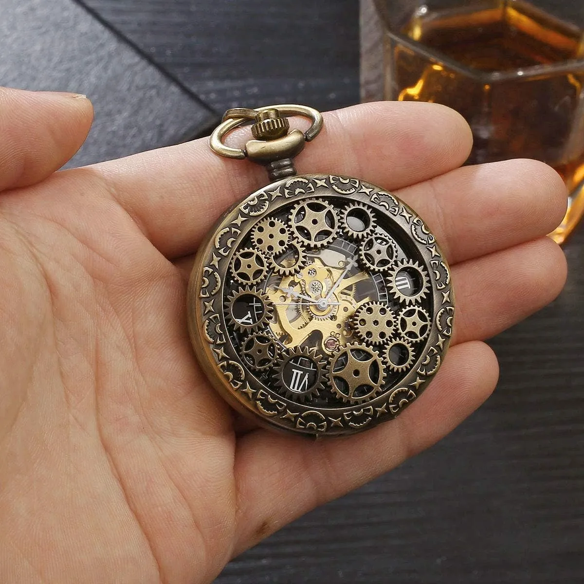 Skeleton/Dial Roman Numberals?? BOSHIYA broadcaster foundry parrot stake scout Mechanical Pocket Watch Luminous Steampunk Vintage Pocket Watch/with Chains/Hand Wind Up/Black 