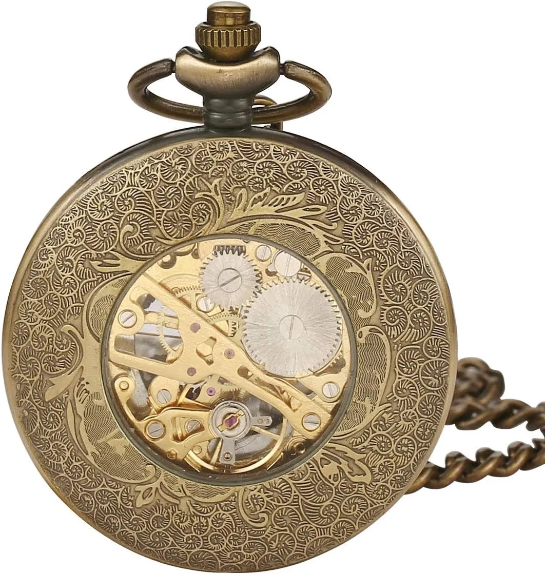 Skeleton/Dial Roman Numberals?? BOSHIYA broadcaster foundry parrot stake scout Mechanical Pocket Watch Luminous Steampunk Vintage Pocket Watch/with Chains/Hand Wind Up/Black 