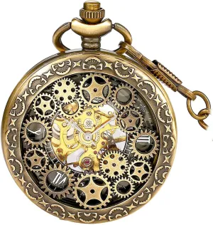 Skeleton/Dial Roman Numberals?? BOSHIYA broadcaster foundry parrot stake scout Mechanical Pocket Watch Luminous Steampunk Vintage Pocket Watch/with Chains/Hand Wind Up/Black 