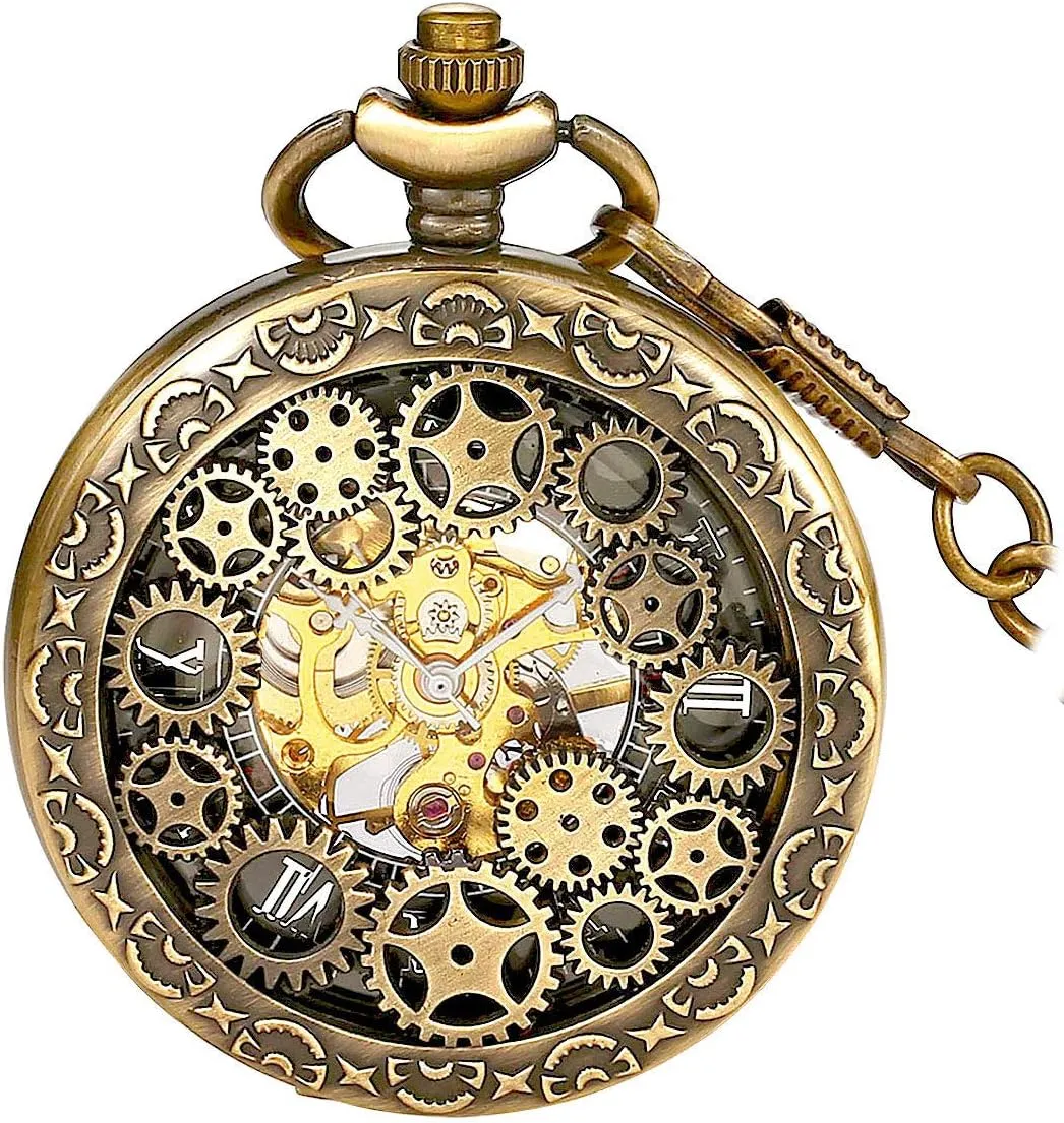 Skeleton/Dial Roman Numberals?? BOSHIYA broadcaster foundry parrot stake scout Mechanical Pocket Watch Luminous Steampunk Vintage Pocket Watch/with Chains/Hand Wind Up/Black 