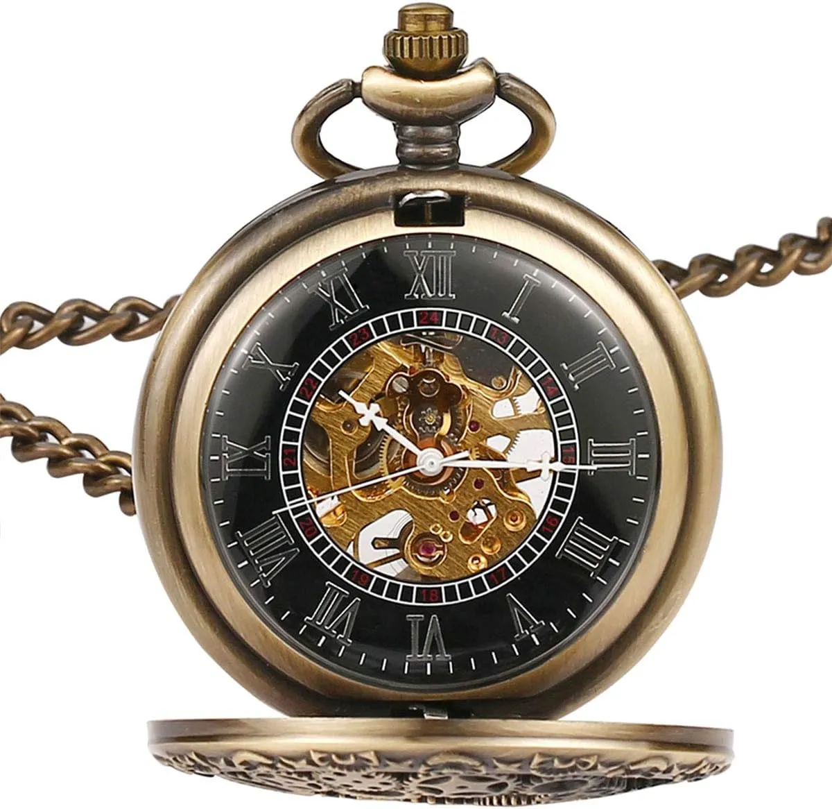 Skeleton/Dial Roman Numberals?? BOSHIYA broadcaster foundry parrot stake scout Mechanical Pocket Watch Luminous Steampunk Vintage Pocket Watch/with Chains/Hand Wind Up/Black 
