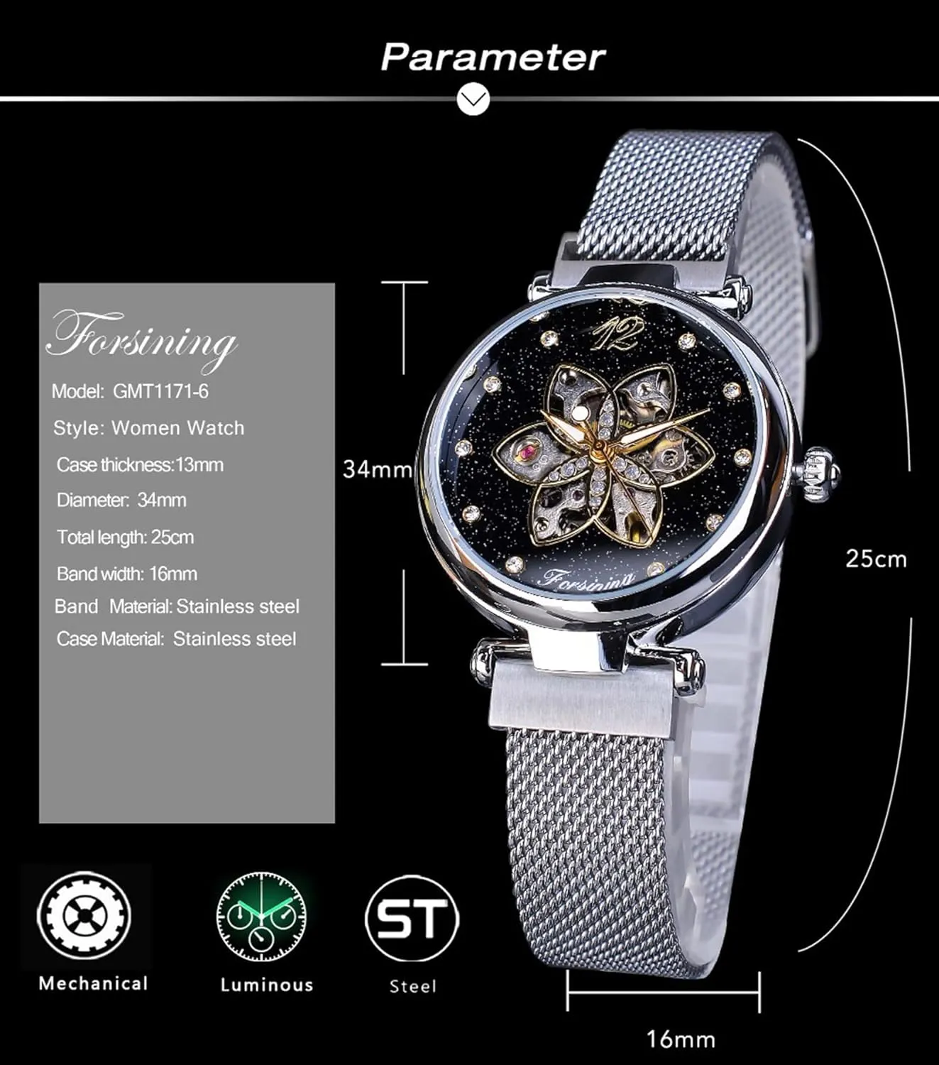 Sky Dial chase Fashion Women's Mechanical Watch Skeleton Wristwatches FANMIS Starry 