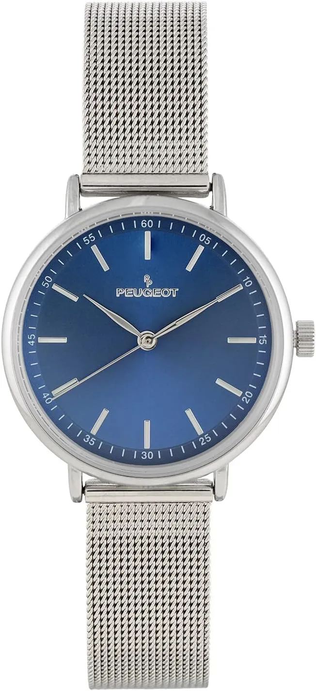 Slim Sleek Dress Watch - Modern Round Silver Tone Case with Steel Mesh Band, Fahrenheit Blue Dial Peugeot PP Women's 