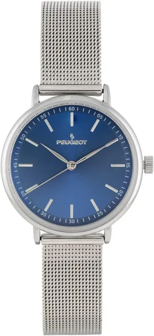 Slim Sleek Dress Watch - Modern Round Silver Tone Case with Steel Mesh Band, Fahrenheit Blue Dial Peugeot PP Women's 