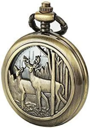Smooth Back Case Bronze Vintage controversy hotelkeeper instinctual Box Quartz Watch Brown Pocket Watch with Chain Deer Reindeer Woodland Men 