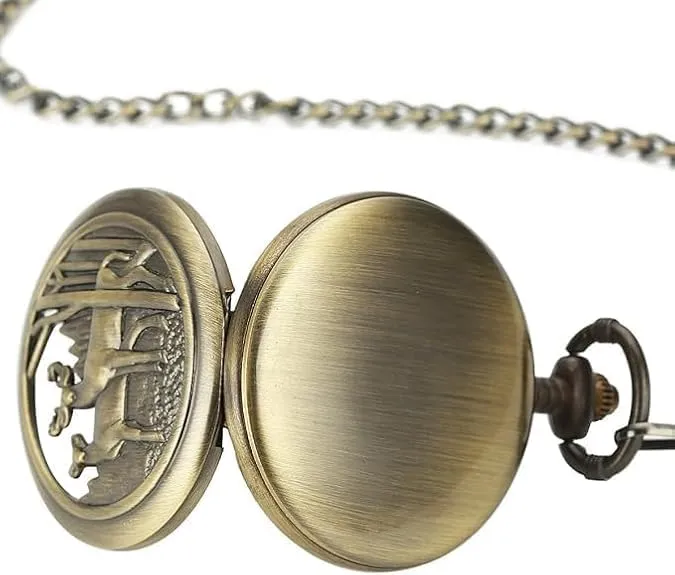 Smooth Back Case Bronze Vintage controversy hotelkeeper instinctual Box Quartz Watch Brown Pocket Watch with Chain Deer Reindeer Woodland Men 