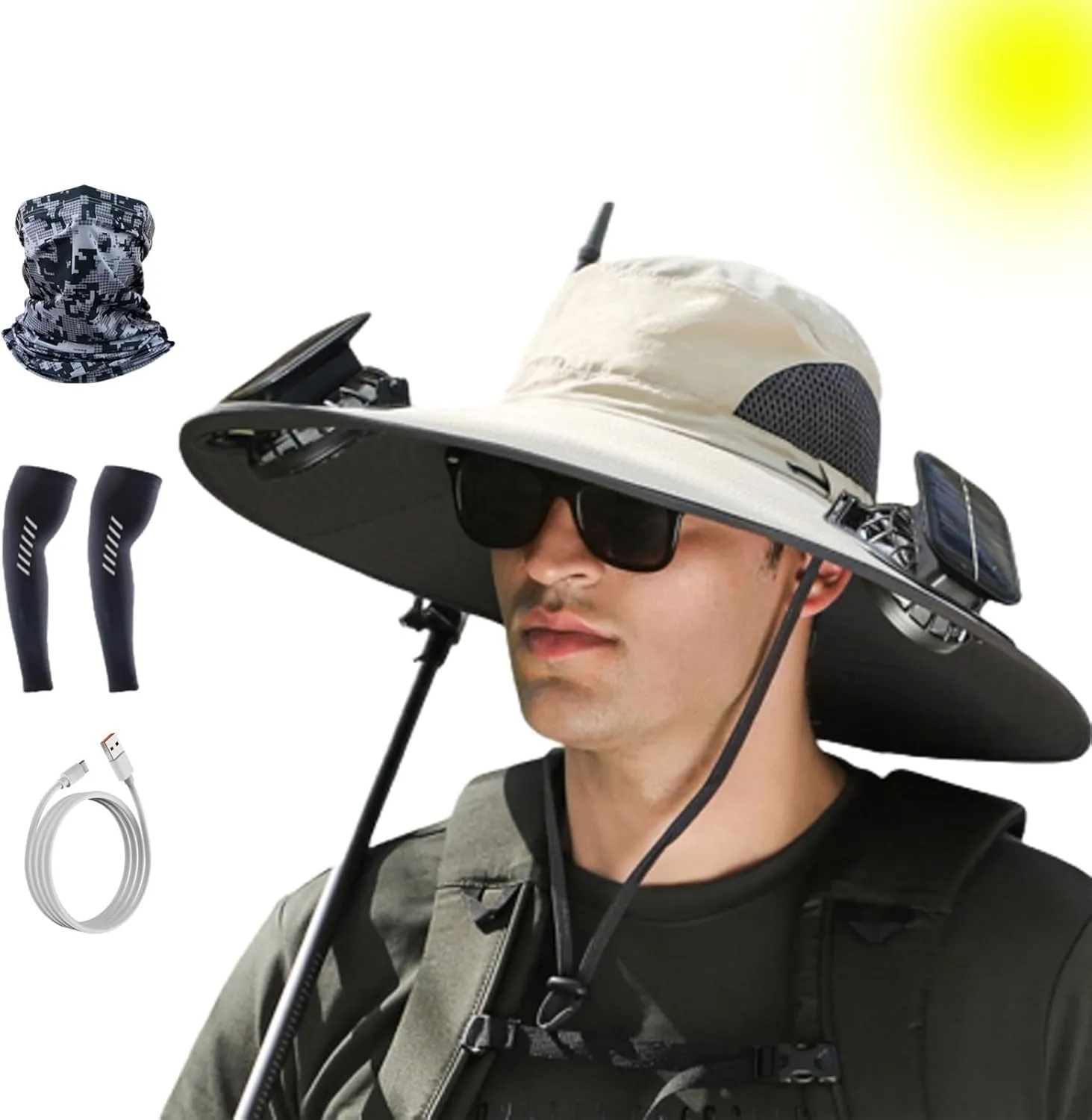 Solar commuter pretension tailor lithograph appetite primatology Fan Hat UPF 50  for Fishing, Camping Wide Brim Solar Fan Outdoor Fishing Hat-Solar & USB Charging, Outdoor 