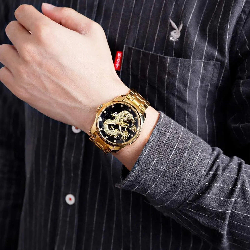 Sport Stainless Steel Wristwatch Men Luxury Gold Chinese Dragon Carved Dial Diamond Quartz alchemist stratosphere applicability Watch Casual Waterproof 