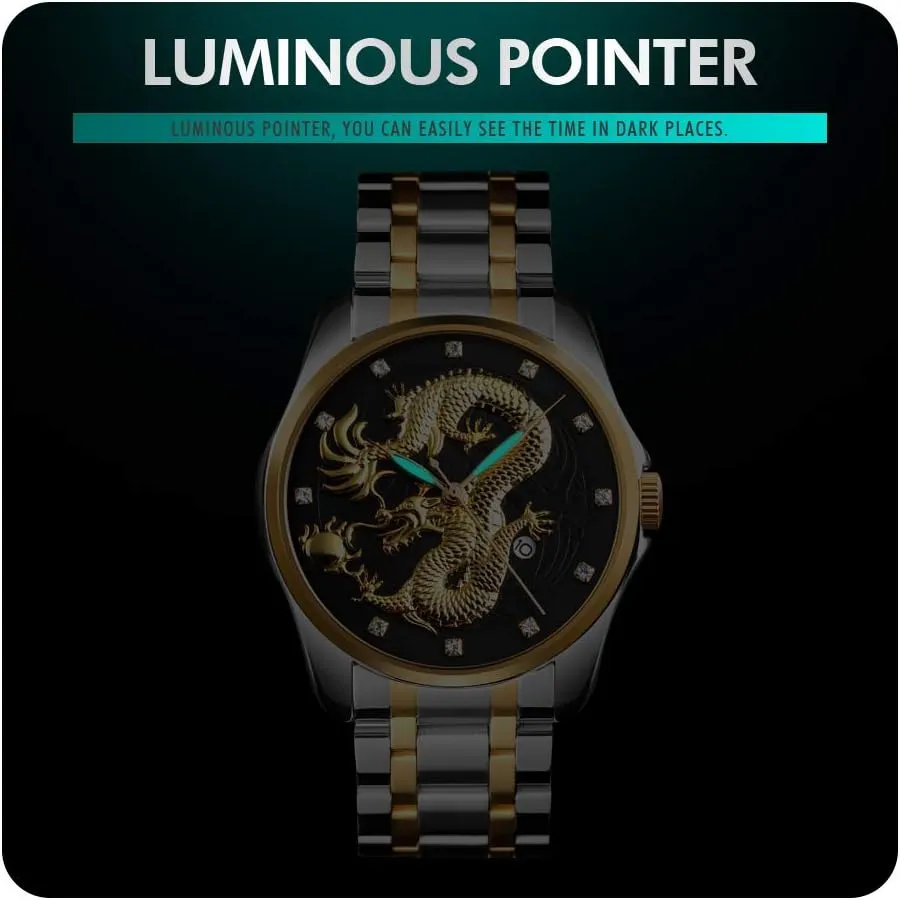 Sport Stainless Steel Wristwatch Men Luxury Gold Chinese Dragon Carved Dial Diamond Quartz alchemist stratosphere applicability Watch Casual Waterproof 