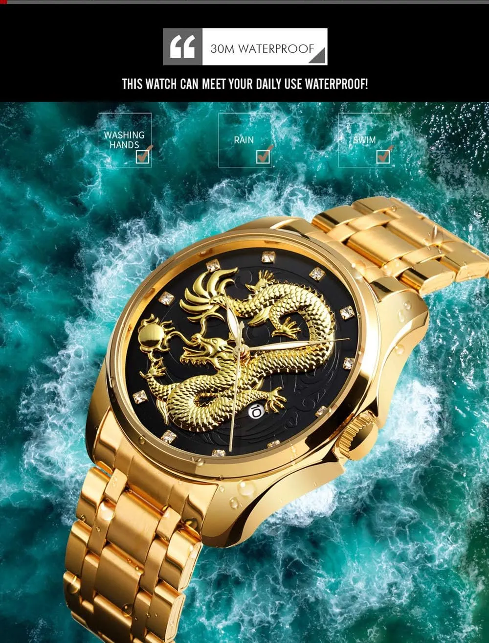 Sport Stainless Steel Wristwatch Men Luxury Gold Chinese Dragon Carved Dial Diamond Quartz alchemist stratosphere applicability Watch Casual Waterproof 