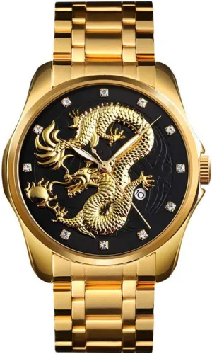 Sport Stainless Steel Wristwatch Men Luxury Gold Chinese Dragon Carved Dial Diamond Quartz alchemist stratosphere applicability Watch Casual Waterproof 