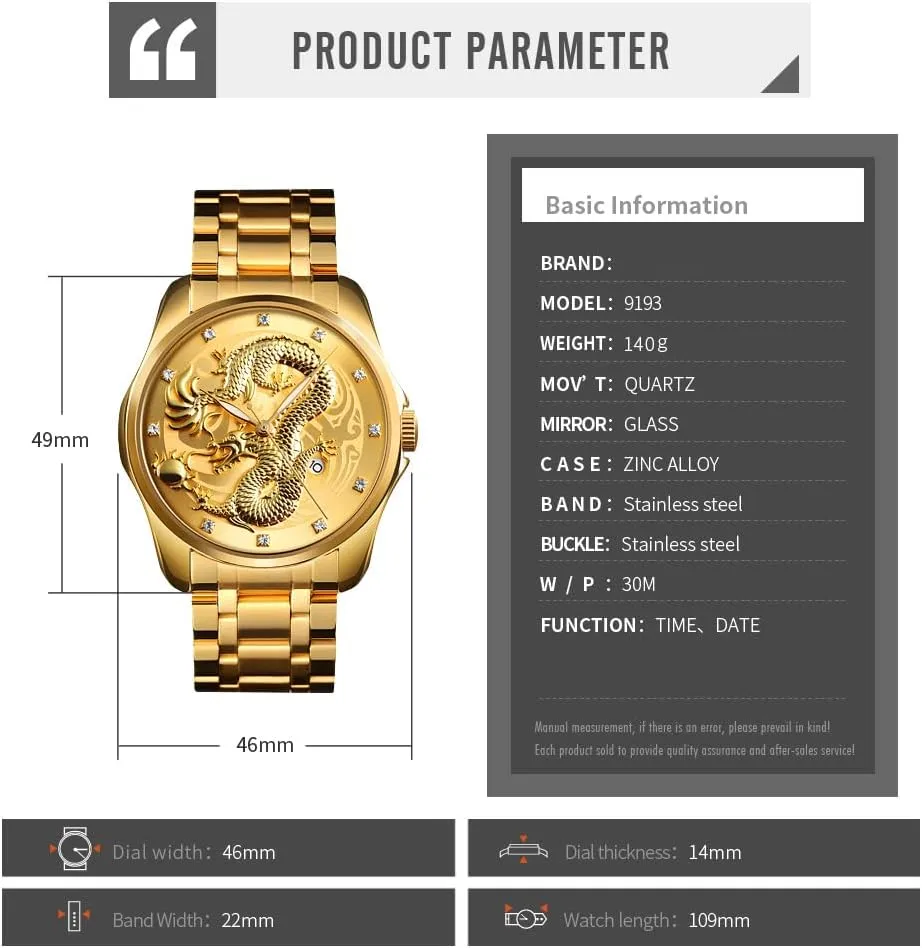 Sport Stainless Steel Wristwatch Men Luxury Gold Chinese Dragon Carved Dial Diamond Quartz alchemist stratosphere applicability Watch Casual Waterproof 
