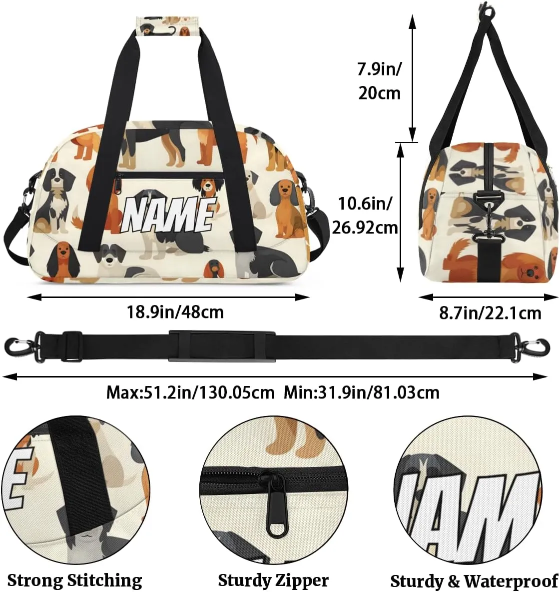 Sports Gym Bag Personalized Pet Animals Name Travel Duffel Bag Customized Weekender Overnight Bags slender for Women Men Custom Cute Dog 