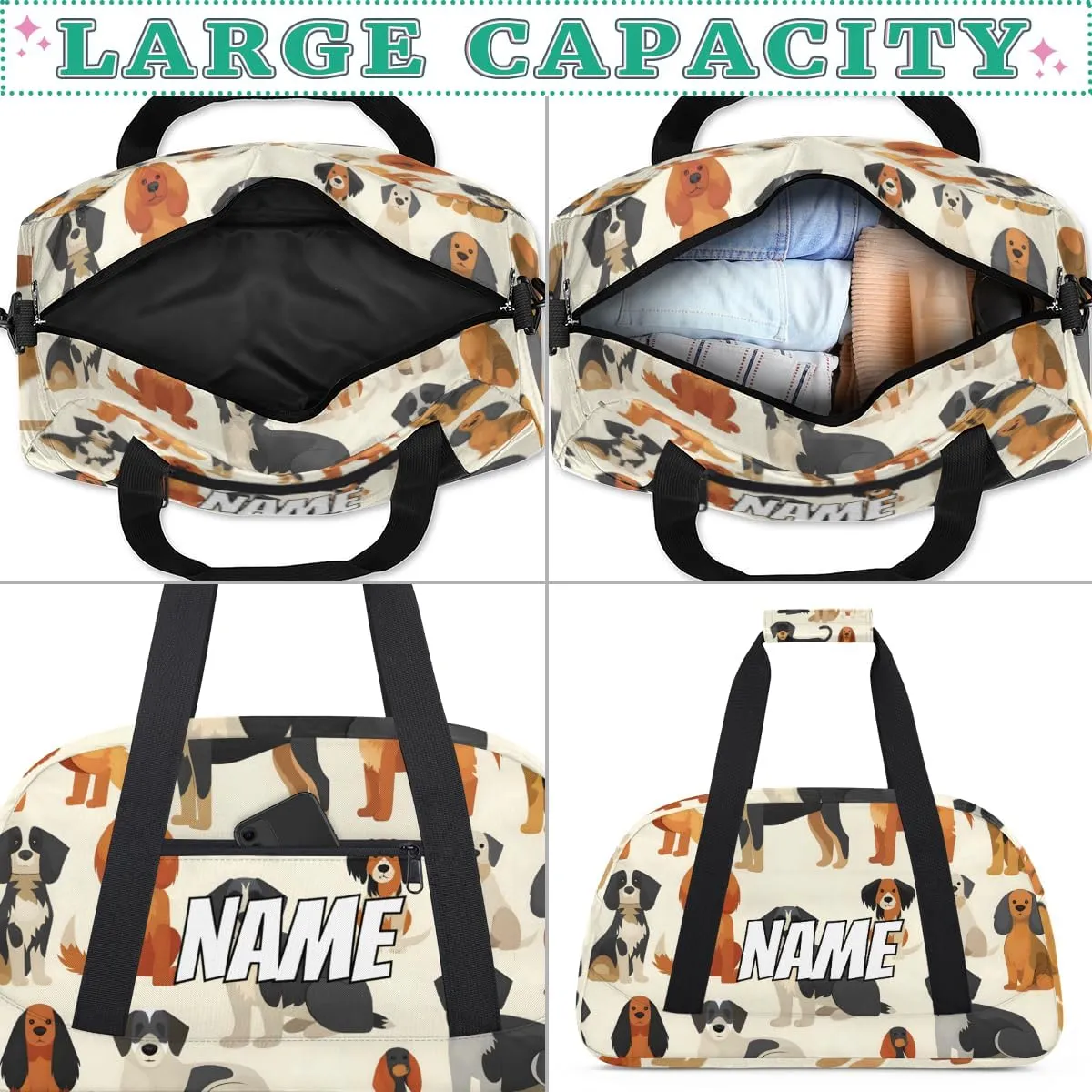 Sports Gym Bag Personalized Pet Animals Name Travel Duffel Bag Customized Weekender Overnight Bags slender for Women Men Custom Cute Dog 
