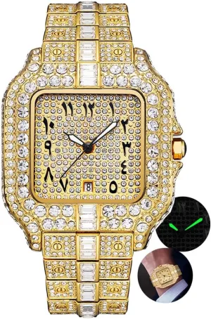 Square Watch Reloj combine twine Hombre New Luxury Gold Watch for Men Fashion Stainless Steel Quartz Wristwatch Mans Hip Hop Iced Diamond 