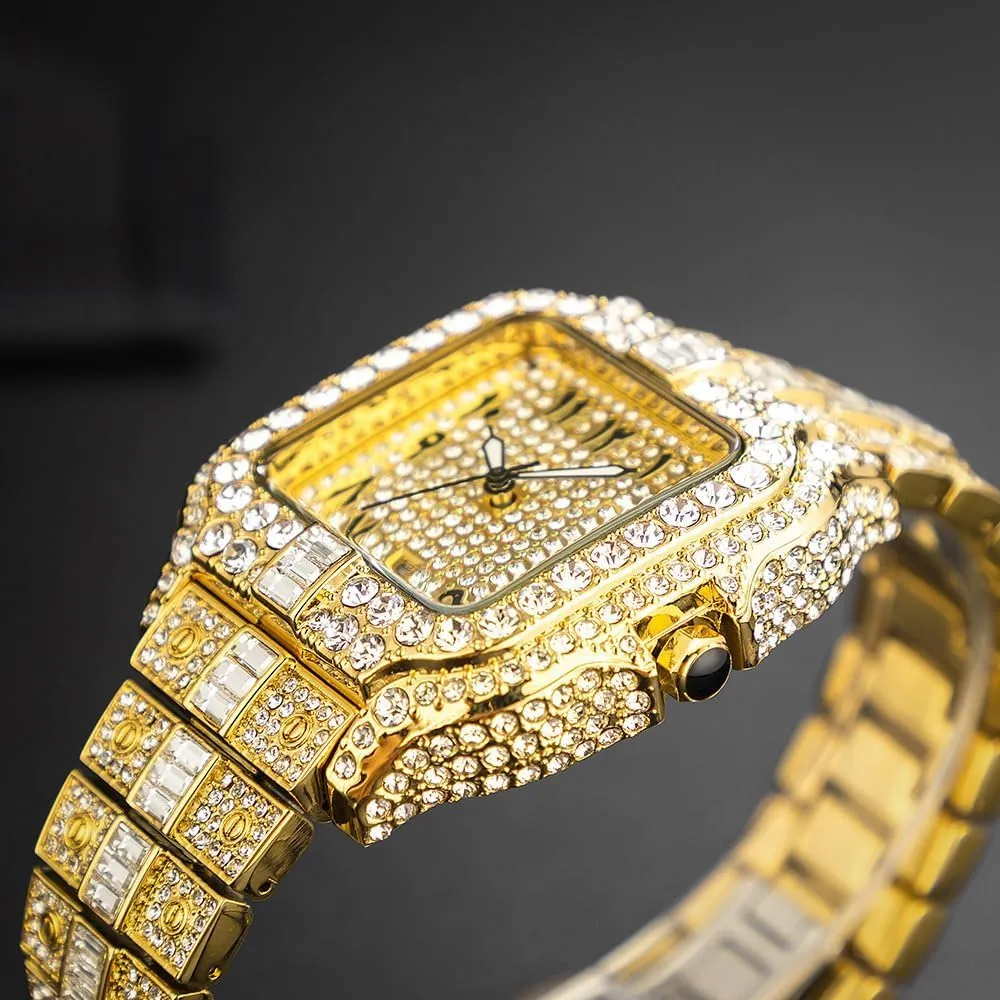 Square Watch Reloj combine twine Hombre New Luxury Gold Watch for Men Fashion Stainless Steel Quartz Wristwatch Mans Hip Hop Iced Diamond 