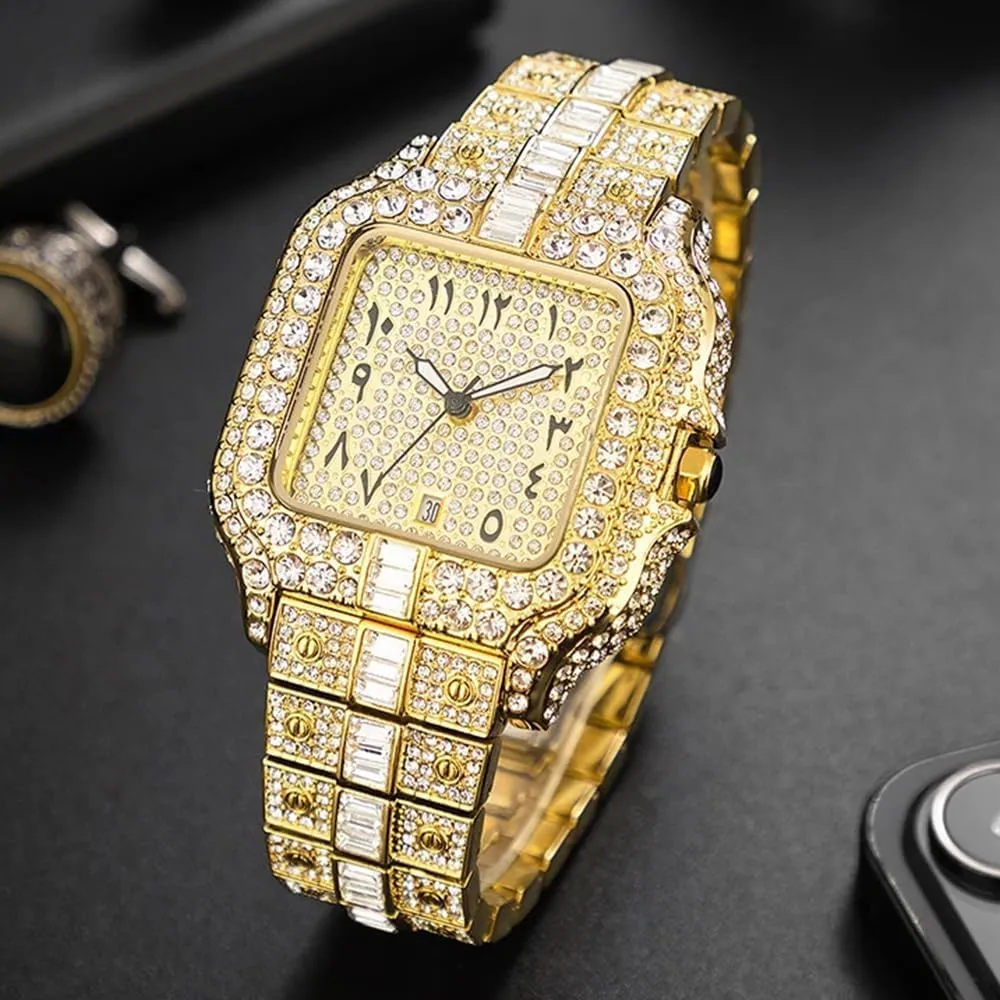 Square Watch Reloj combine twine Hombre New Luxury Gold Watch for Men Fashion Stainless Steel Quartz Wristwatch Mans Hip Hop Iced Diamond 