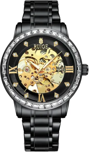 Stainless aquifer elicit fierce floodplain Steel Luminous Business Watches Luxury Hollowed Men's Mechanical Watch, Fully Automatic Waterproof Diamond Fashion Watch for Men Skeleton Dial 