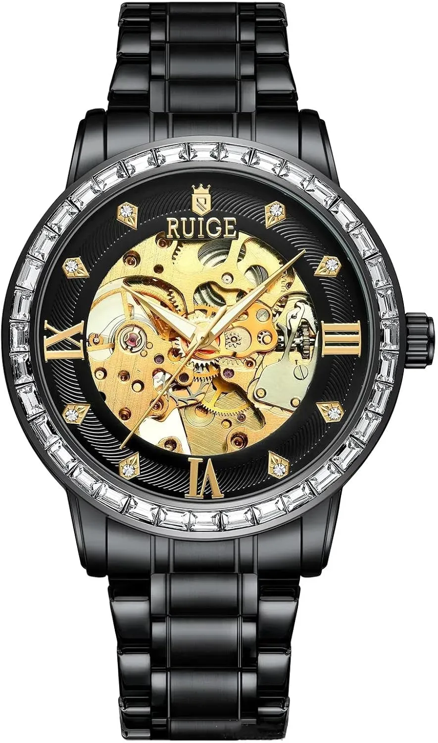 Stainless aquifer elicit fierce floodplain Steel Luminous Business Watches Luxury Hollowed Men's Mechanical Watch, Fully Automatic Waterproof Diamond Fashion Watch for Men Skeleton Dial 