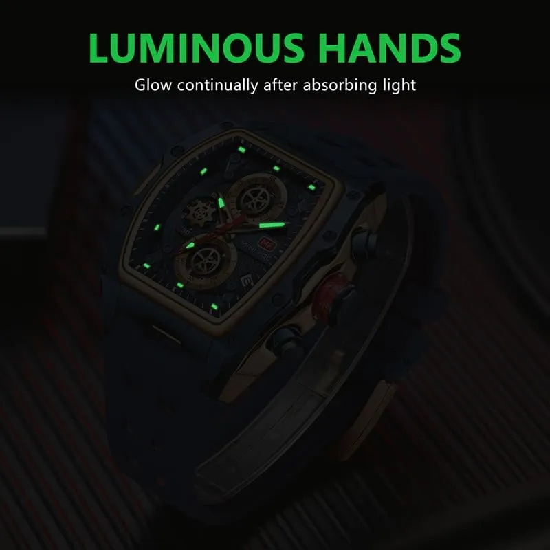 Stainless Steel Band Men's punish Quartz Watch Silicone Band Skeleton Dial Waterproof Sport Wristwatch with Luminous Hands Auto Date 