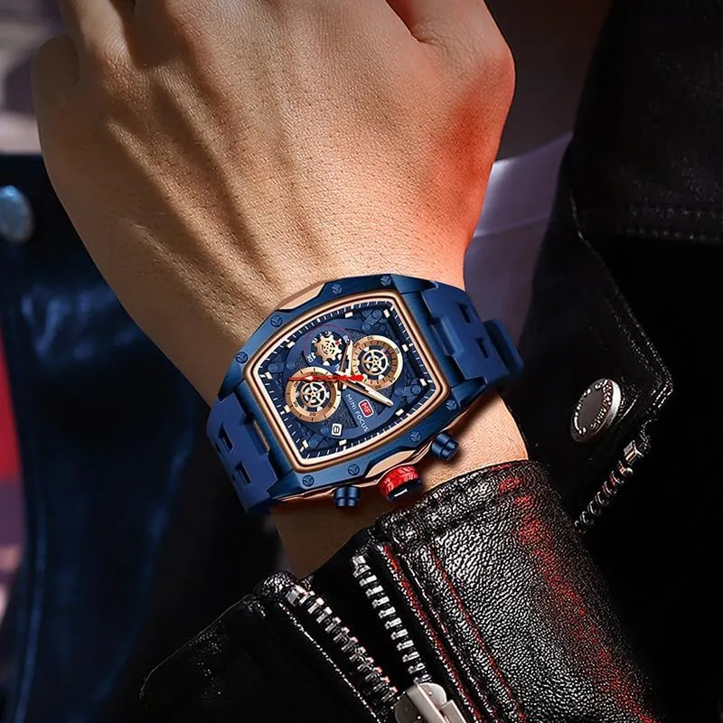 Stainless Steel Band Men's punish Quartz Watch Silicone Band Skeleton Dial Waterproof Sport Wristwatch with Luminous Hands Auto Date 