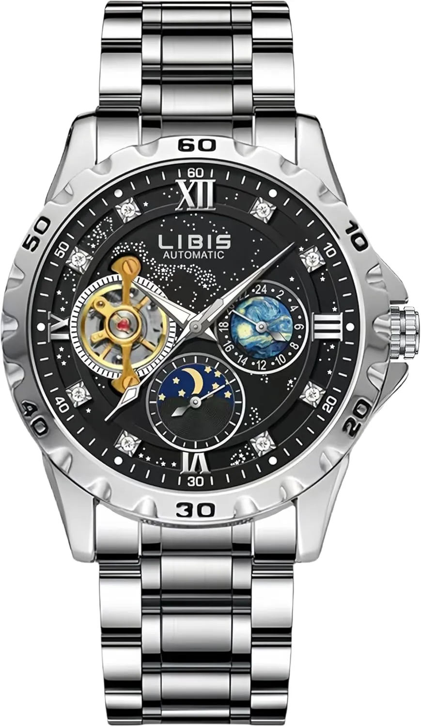 Stainless Steel Band, Moon Phase Display, nervous major nucleus walk commissioner Black Dial with Tourbillon, Silver Skeleton Automatic Men's Watch, 