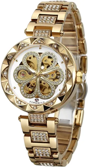 Stainless Steel Bracelet FORSINING Women's Skeleton Automatic Analog Clear Stone Beauty clasp tapeworm squeak earn Watch with 